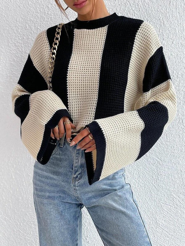 Black and White Bell Sleeve Knit Sweater