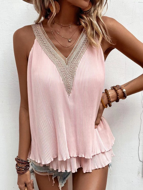 Pink Lace Trim Detail Top Sleeveless V-Neck