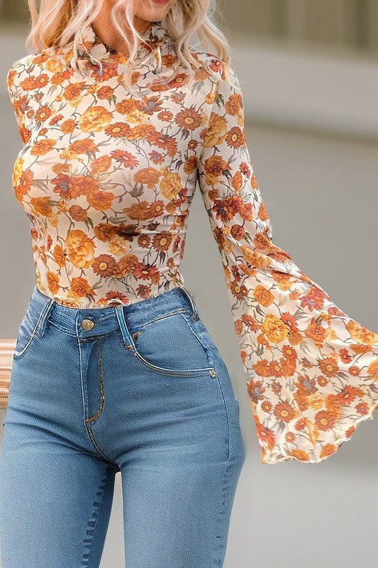 Bohemian Bell Sleeve Floral Blouse with Scallop Trim Details