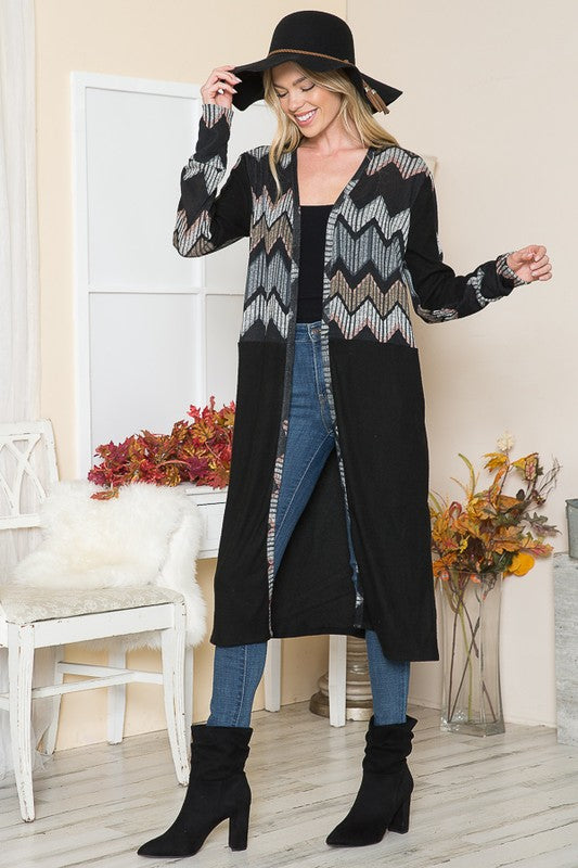 Tribal Print Open Front Cardigan with Side Slits