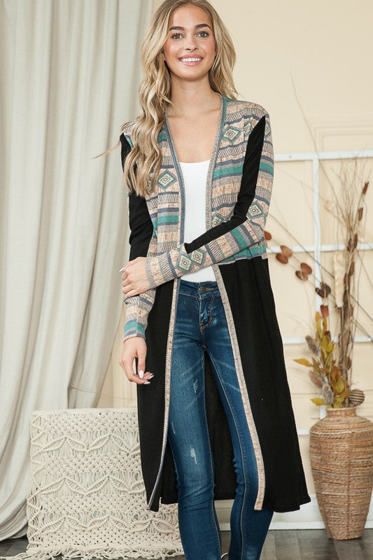 Tribal Print Open Front Cardigan with Side Slits