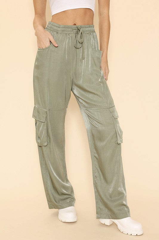Womens Wide Leg Satin Cargo Pants