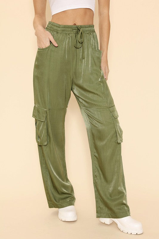 Womens Wide Leg Satin Cargo Pants