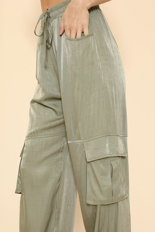 Womens Wide Leg Satin Cargo Pants