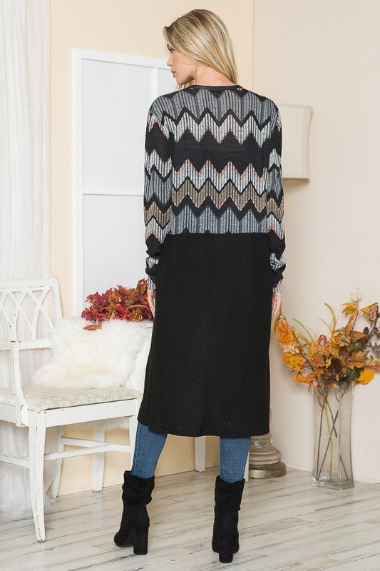 Tribal Print Open Front Cardigan with Side Slits