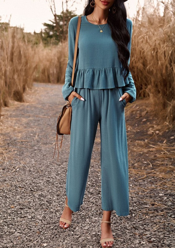 Long Sleeve Ruffle Top Hem and Cropped Pants Two Piece Set