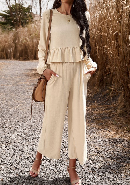 Long Sleeve Ruffle Top Hem and Cropped Pants Two Piece Set