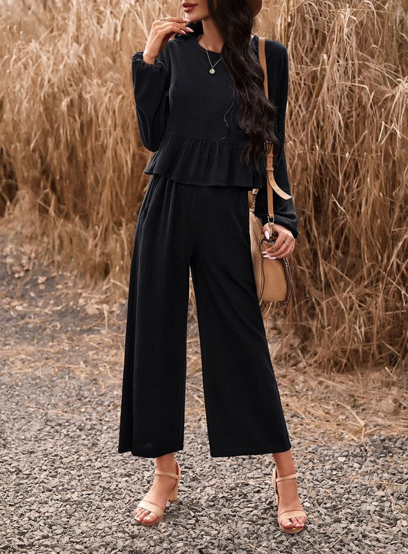 Long Sleeve Ruffle Top Hem and Cropped Pants Two Piece Set