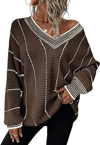 V-Neck Lightweight Waffle Knit Striped Sweater Fall Winter