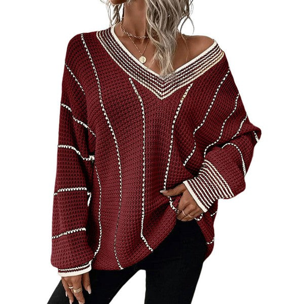 V-Neck Lightweight Waffle Knit Striped Sweater Fall Winter