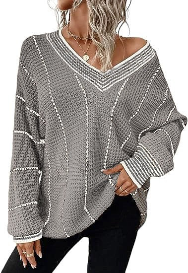 V-Neck Lightweight Waffle Knit Striped Sweater Fall Winter