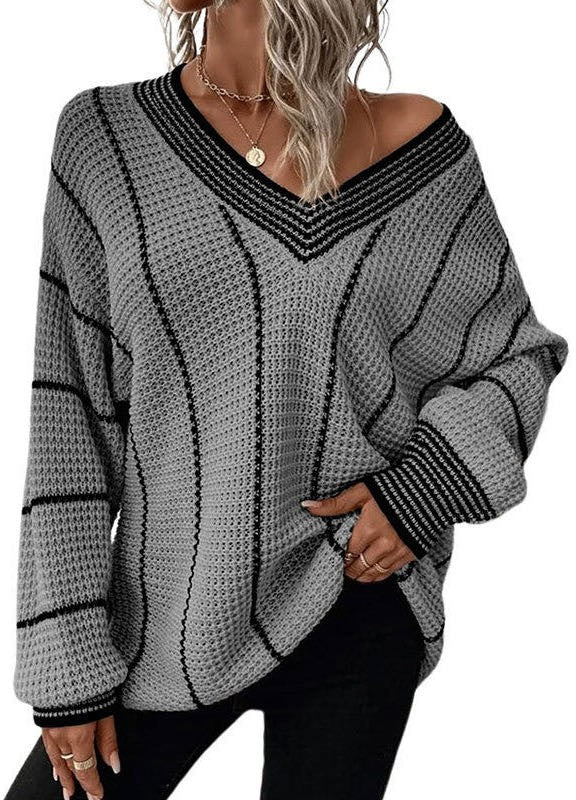 V-Neck Lightweight Waffle Knit Striped Sweater Fall Winter