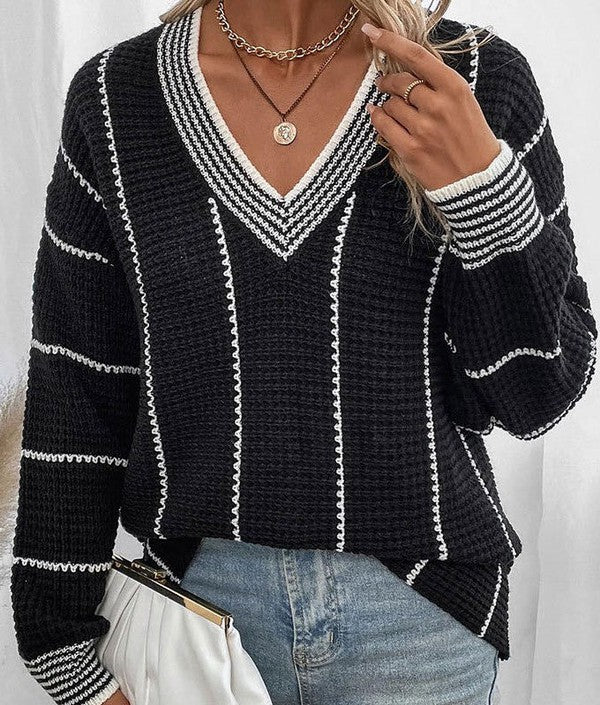 V-Neck Lightweight Waffle Knit Striped Sweater Fall Winter