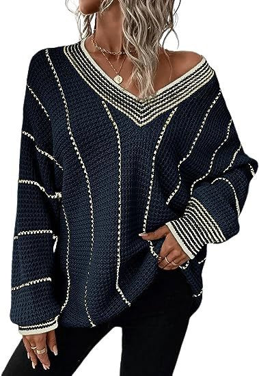 V-Neck Lightweight Waffle Knit Striped Sweater Fall Winter