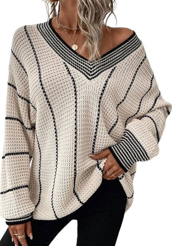 V-Neck Lightweight Waffle Knit Striped Sweater Fall Winter