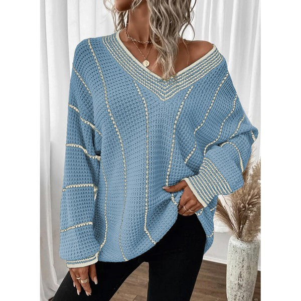 V-Neck Lightweight Waffle Knit Striped Sweater Fall Winter