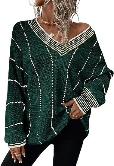V-Neck Lightweight Waffle Knit Striped Sweater Fall Winter