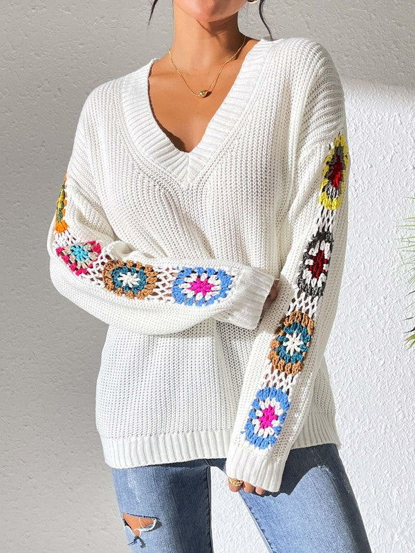 Crochet Knit Sweater White with V-Neck and Crochet Sleeve