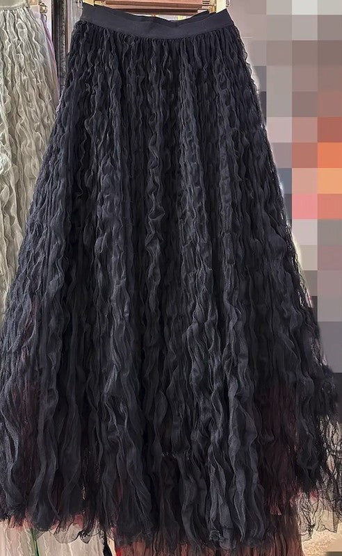 Mesh Pleated Midi Skirt in Black Burgundy Pink Purple Camel