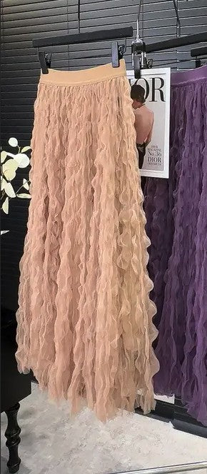 Mesh Pleated Midi Skirt in Black Burgundy Pink Purple Camel