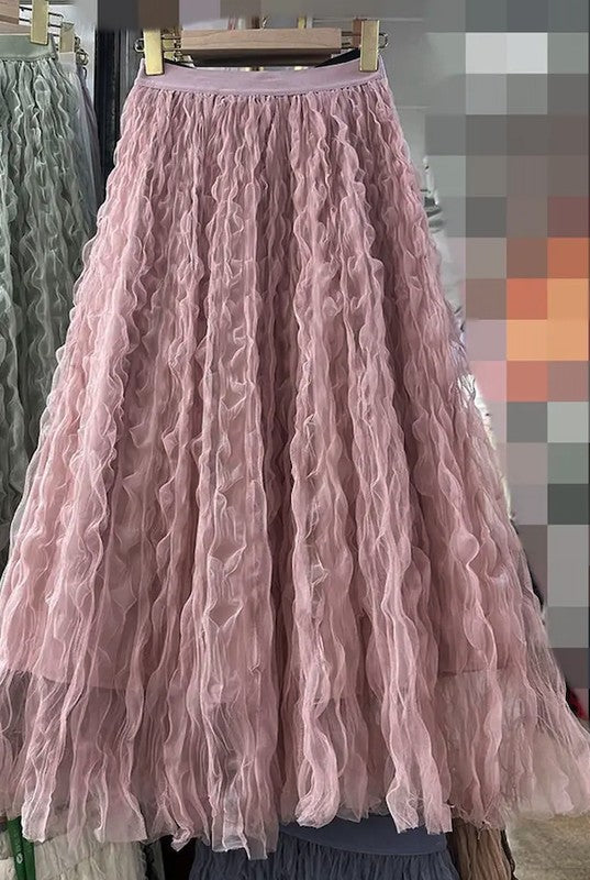 Mesh Pleated Midi Skirt in Black Burgundy Pink Purple Camel