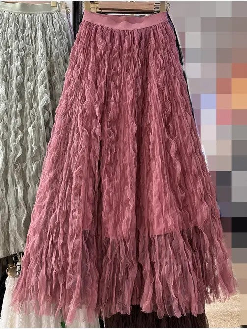 Mesh Pleated Midi Skirt in Black Burgundy Pink Purple Camel