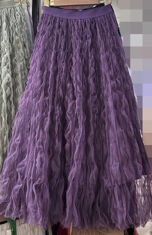 Mesh Pleated Midi Skirt in Black Burgundy Pink Purple Camel