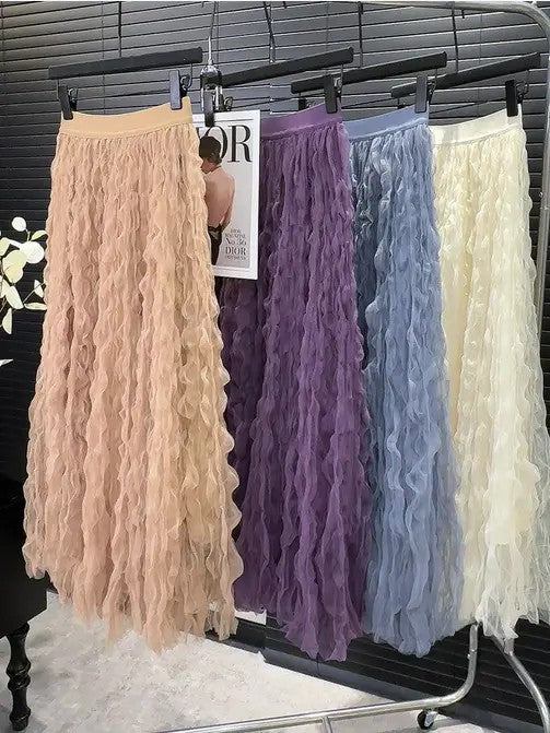 Mesh Pleated Midi Skirt in Black Burgundy Pink Purple Camel