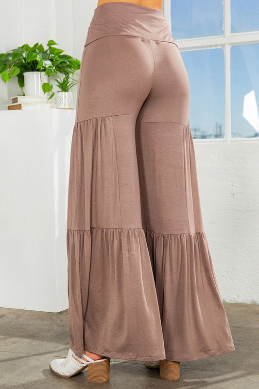 High Waisted Ruffle Wide Leg Pants Stretch Waist