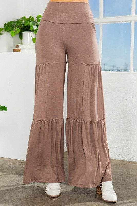 High Waisted Ruffle Wide Leg Pants Stretch Waist
