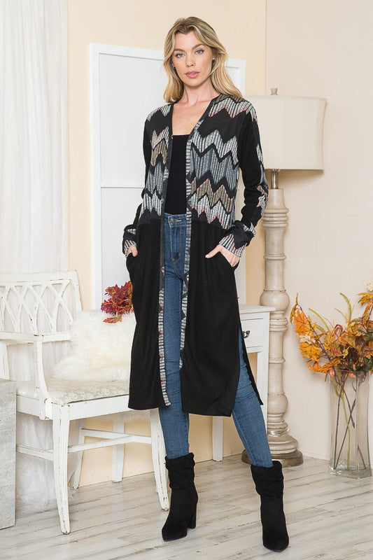Tribal Print Open Front Cardigan with Side Slits