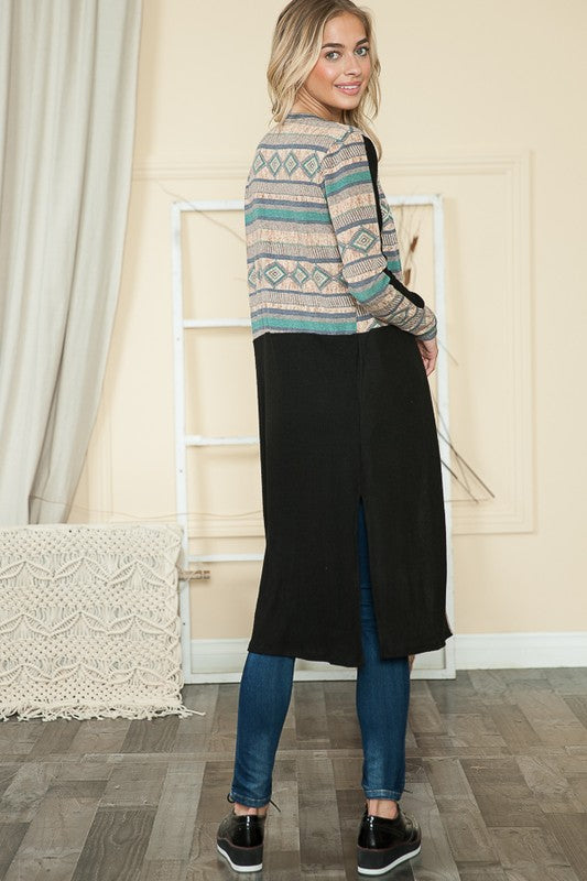 Tribal Print Open Front Cardigan with Side Slits