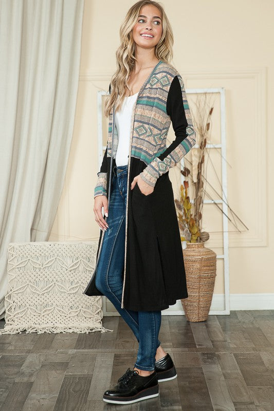 Tribal Print Open Front Cardigan with Side Slits